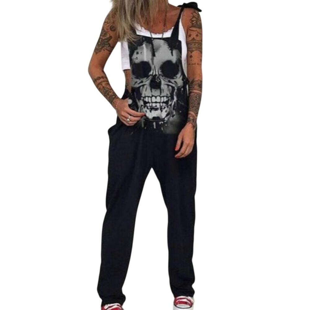 Skull Print Punk Goth Streetwear Tie Strap Tapered Leg Overall Jumpsuit